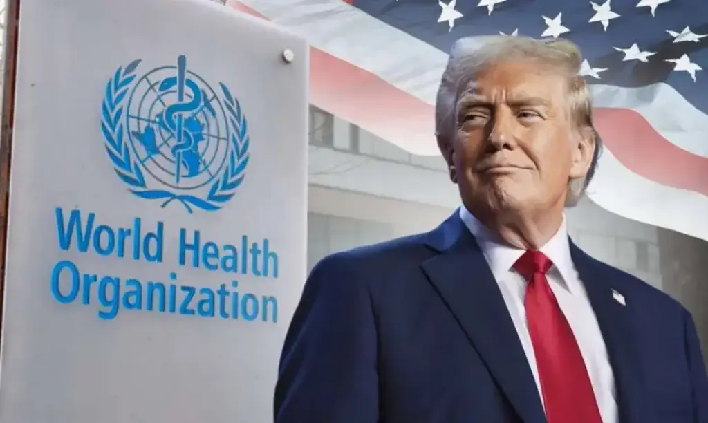 US President Donald Trump, the World Health Organization (WHO) logo, and the U.S. flag is seen in this photo collage Jan 22, 2026